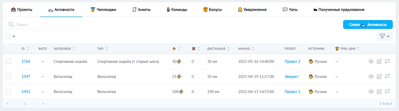 Вкладка 🗑️ Удаленные активности